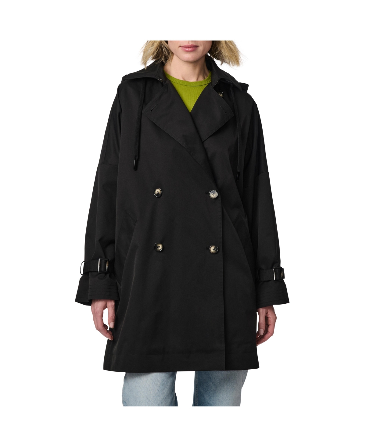 Women's Double Breasted Poncho Trench - Black