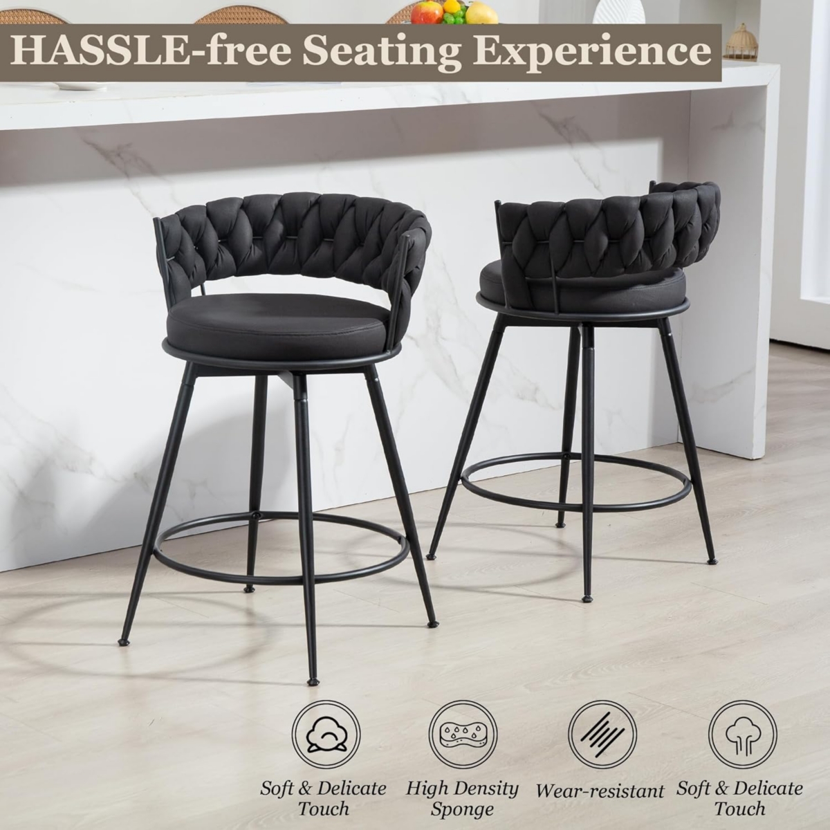 Dyhome 26 Inch Counter Height Bar Stools Set of 3, Swivel Pu Leather with Wood Backs, for Kitchen Island, Dining Room