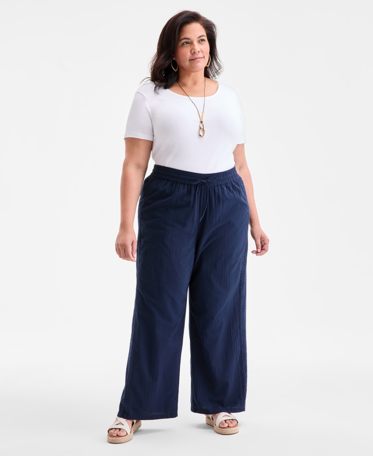 Plus Size Eyelet-Trim Wide-Leg Pants, Exclusively at Macy's - Industrial Blue