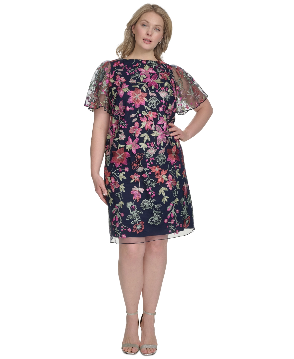 Plus Size Floral Embroidered Flutter-Sleeve Dress - Navy Multi