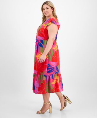 Plus Size Printed Flutter-Sleeve Midi Dress