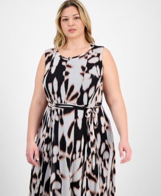 Plus Size Belted Printed Sleeveless Midi Dress