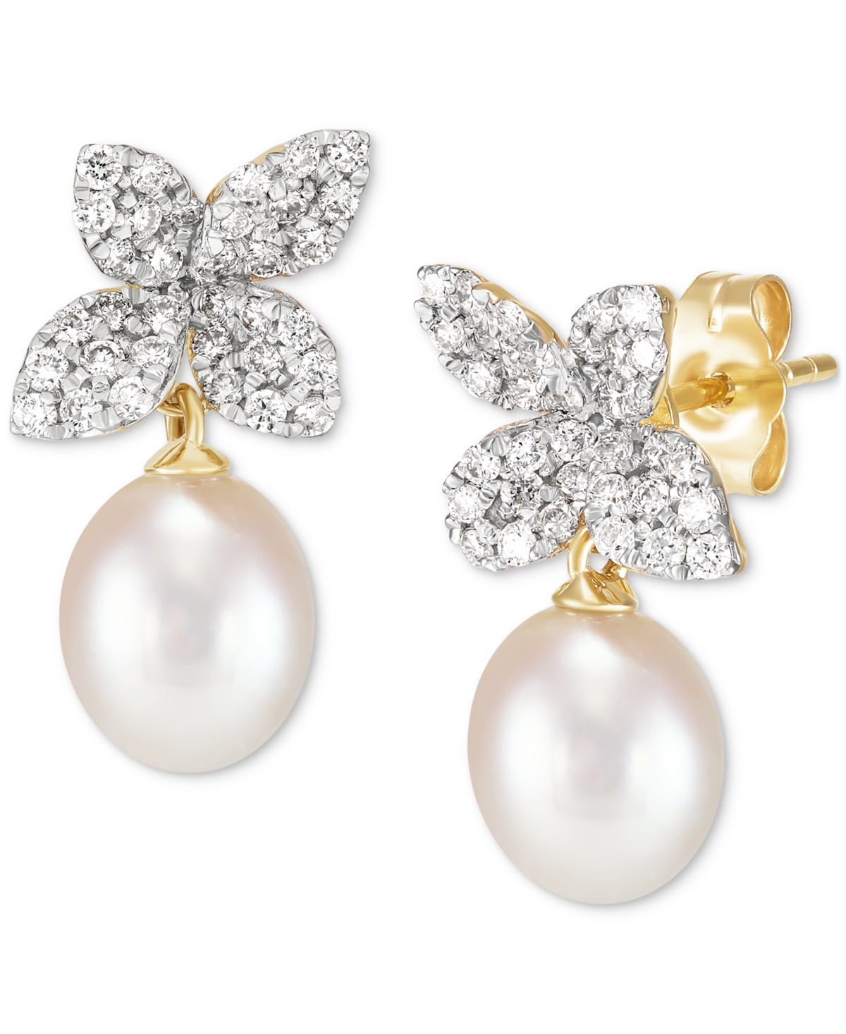 Cultured Freshwater Oval Pearl (6 - 6-1/2mm) & Lab Grown Diamond (1/2 ct. t.w.) Floral Drop Earrings in 14k Gold - Gold