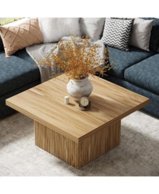 Square Coffee Table, 31.5-Inch Fluted Coffee Table, Mid-Century Modern Living Room Table, Large Cocktail Table for Living Room, Oak
