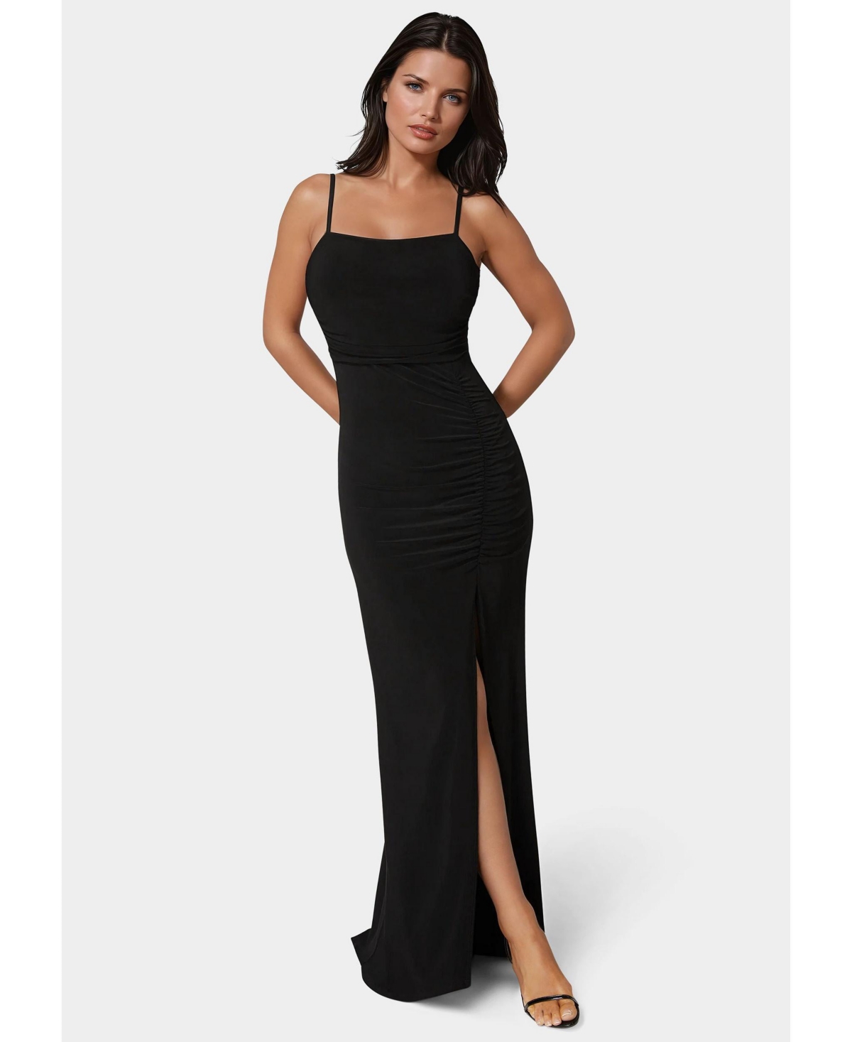 Women's Ruched High Slit Solid Dress - Black