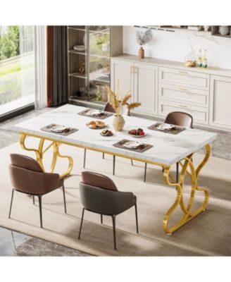 63-Inch Dining Table for 4-6 People, Rectangular Modern Kitchen Dinner Table for Dining Room, White Faux Marble and Gold