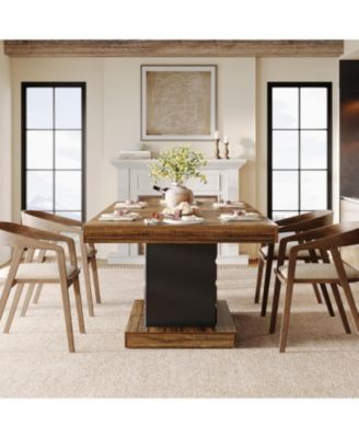 63'' Dining Table for 4-6, Farmhouse Wooden Rectangular Dinner Table with Geometric Relief, Pedestal Base