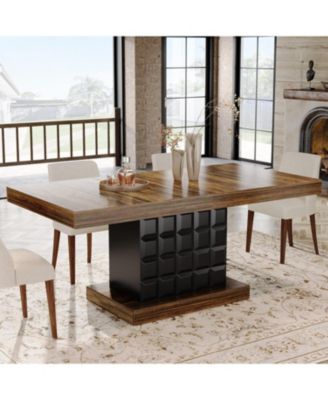 63'' Dining Table for 4-6, Farmhouse Wooden Rectangular Dinner Table with Geometric Relief, Pedestal Base