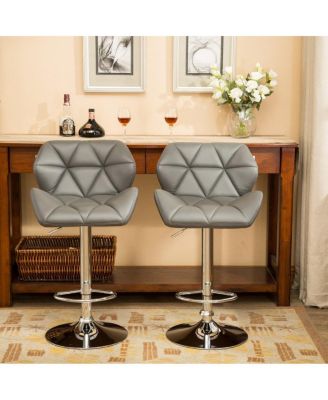 of 2 Adjustable Swivel Bar Stools with Diamond-Tufted Faux Leather Seats, Footrest, and Chrome Base for Kitchen or Home Bar