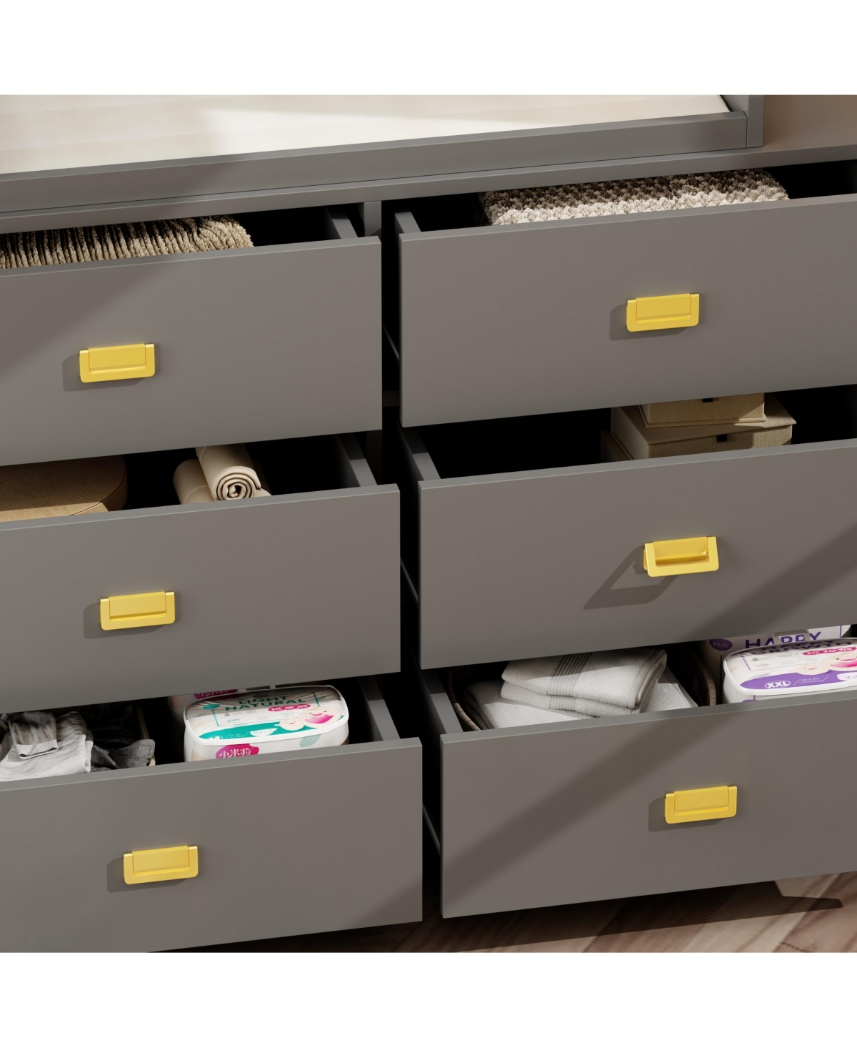 Changing table with six drawers, baby changing station with changing table top and drawers