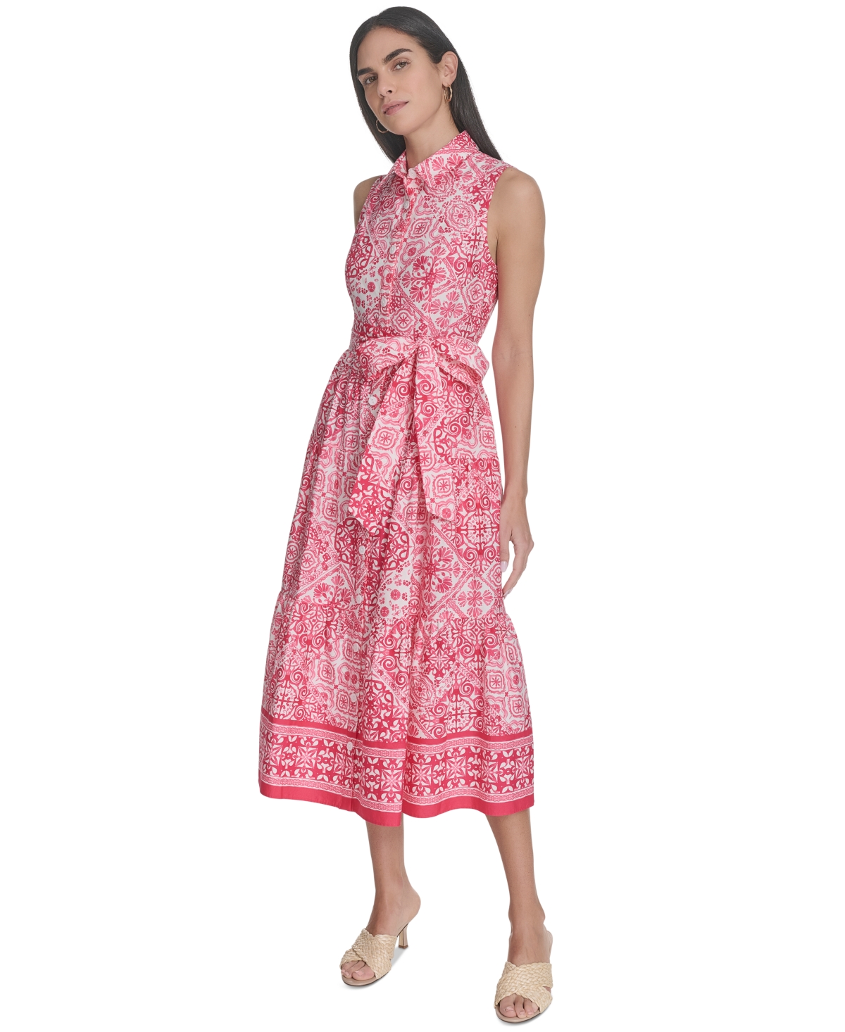 Jessica Howard Plus Size Printed Tie-waist Sleeveless Midi Dress In Pink