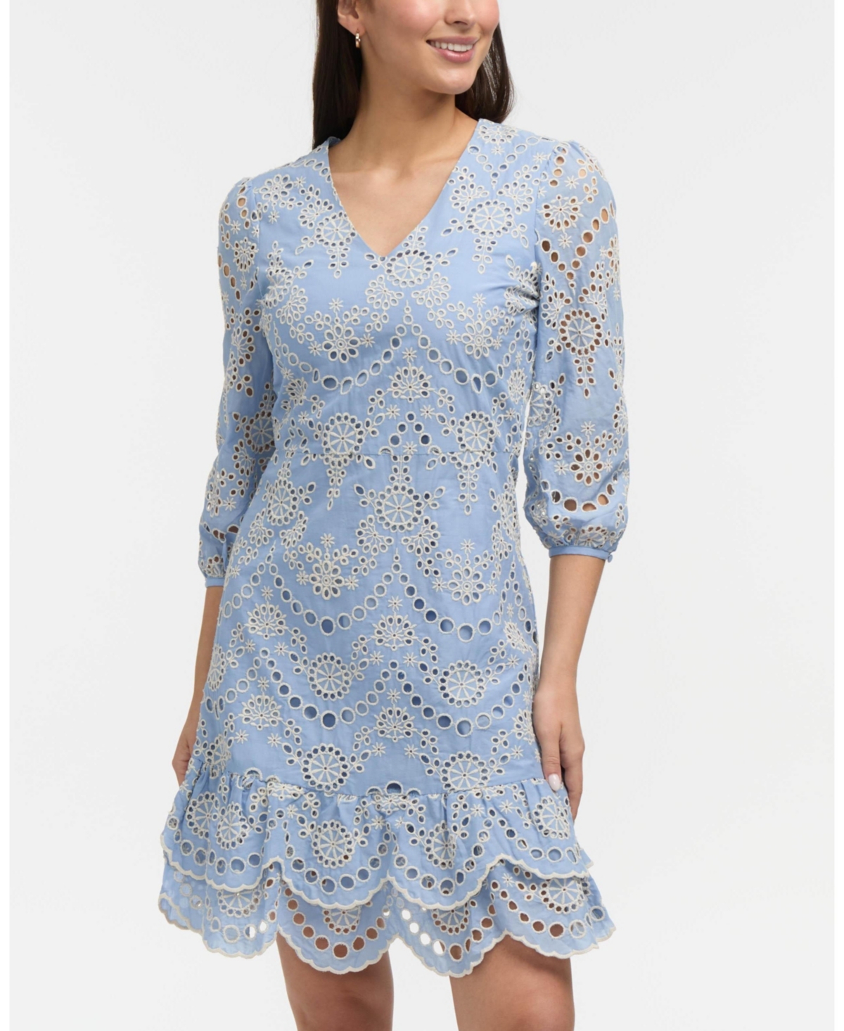 Women's Embroidered Eyelet V-Neck Dress - Blue
