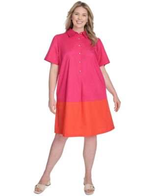 Jessica Howard - Plus Size Cotton Colorblocked Shift Shirtdress