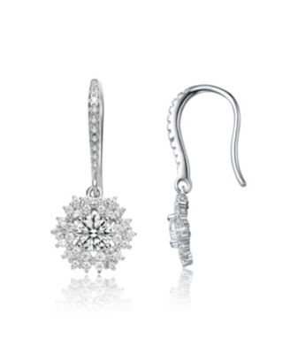 White Gold Plated with Cubic Zirconia Snowflake Cluster Drop Earrings with Wire Hooks
