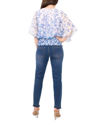 Women's Round-Neck 3/4-Sleeve Smocked-Waist Blouse