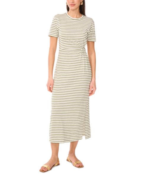 Женское платье Vince Camuto Cotton Striped Ruched Midi, цвет: Тёмный зелёный