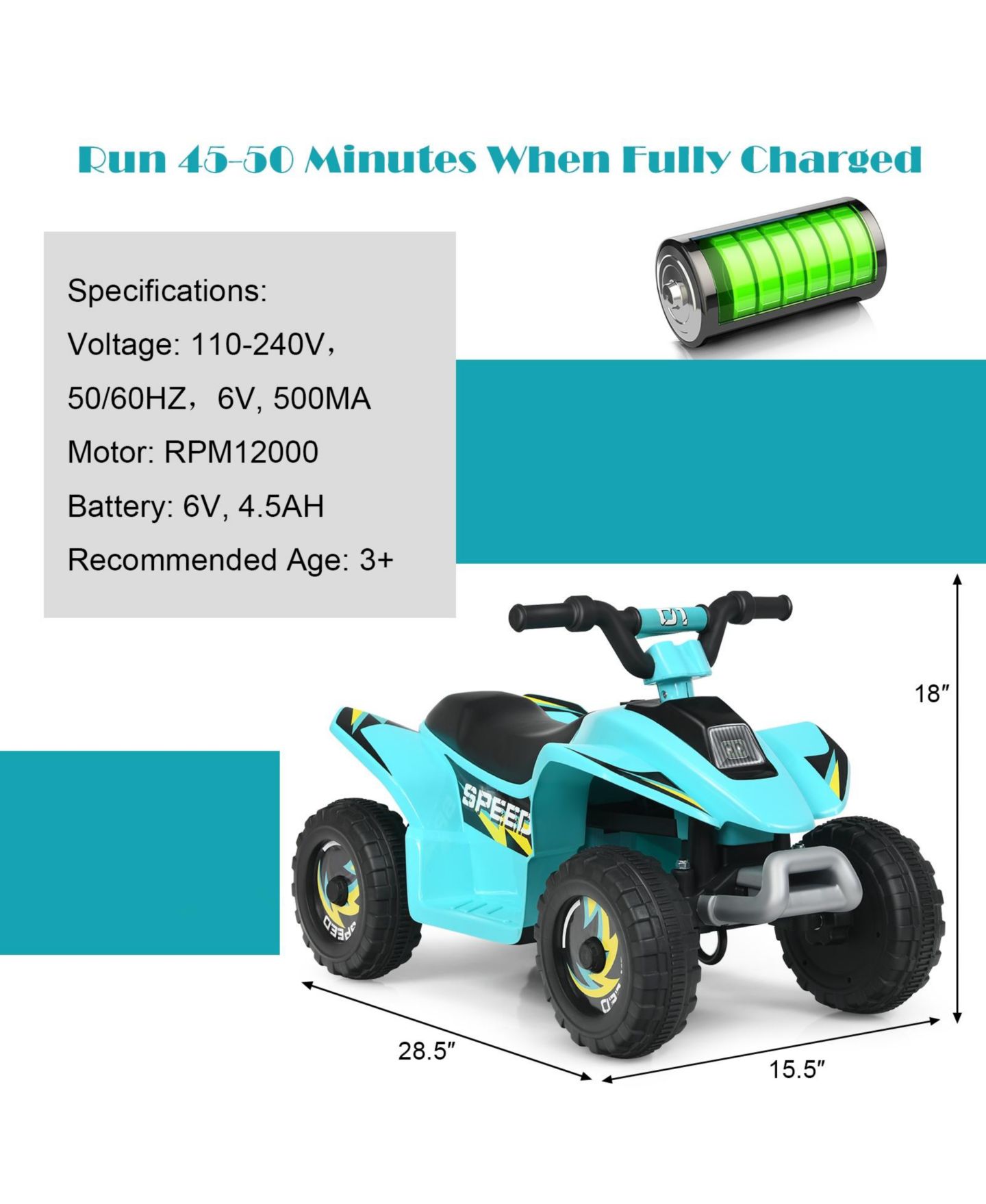 Детская игрушка Mecale Atv Electric 4-Wheel Ride-On Toy, for 1 Player, Ages 3+, цвет: Синий — фото 3