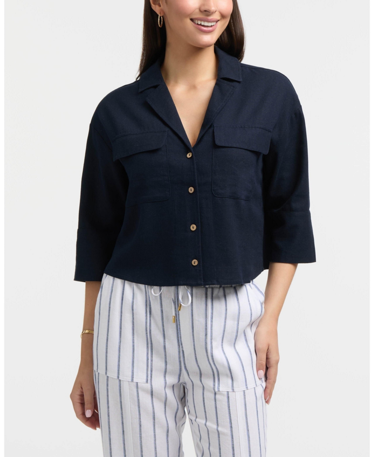 Women's 3/4 Sleeve Notch Collar Top - Navy