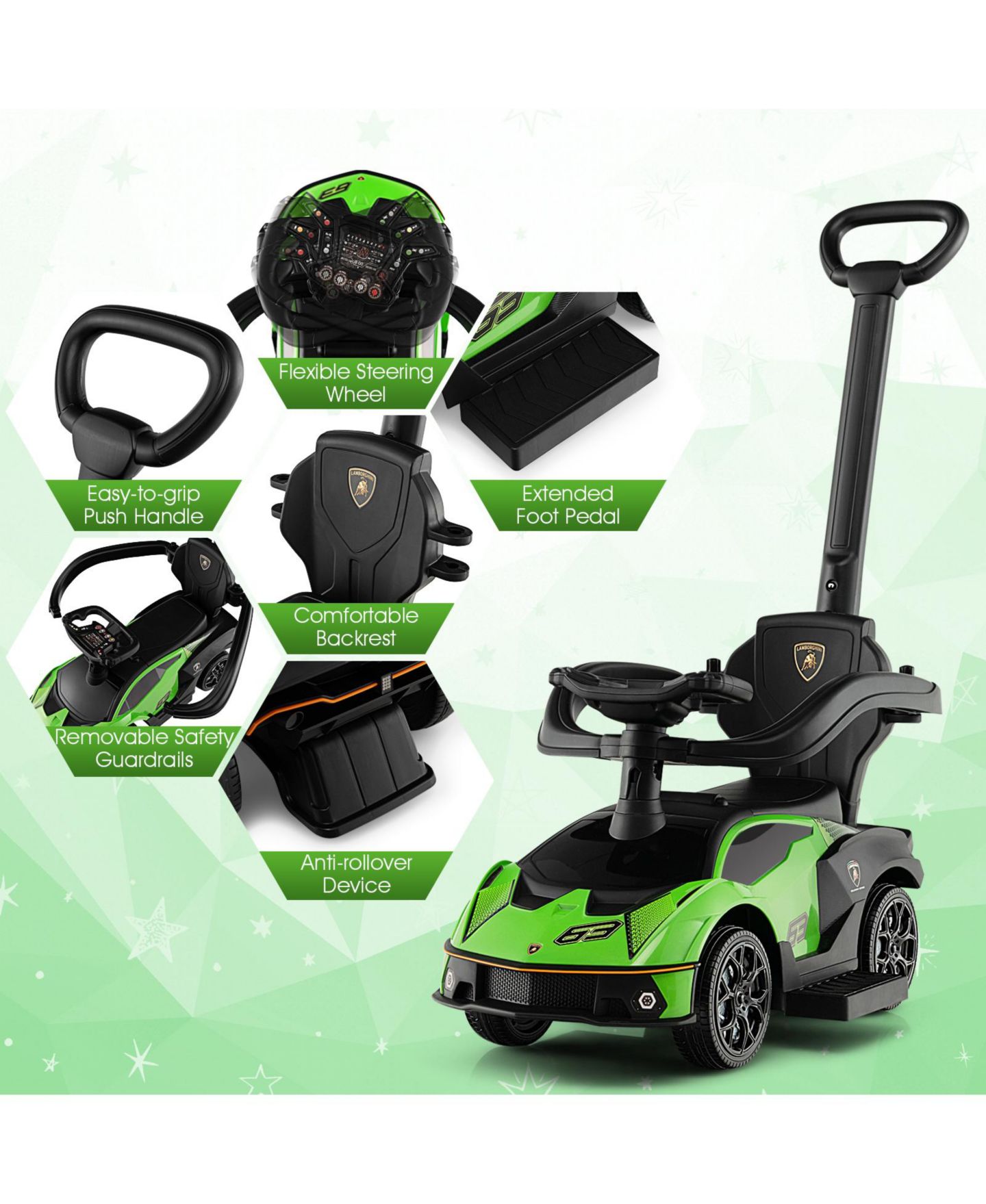 Детская игрушка Mecale 3-in-1 Licensed Lamborghini Ride-On Push Car With Under-Seat Storage, 55-lb Capacity, Ages 1+, цвет: Зелёный — фото 4