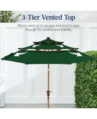 Woodgrain Pattern 10ft 3-Tier Solar Patio Umbrella w/ 24 LED Lights, Tilt