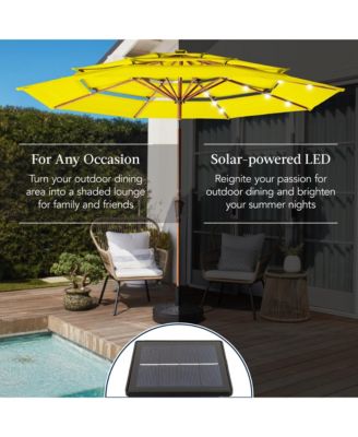Woodgrain Pattern 10ft 3-Tier Solar Patio Umbrella w/ 24 LED Lights, Tilt