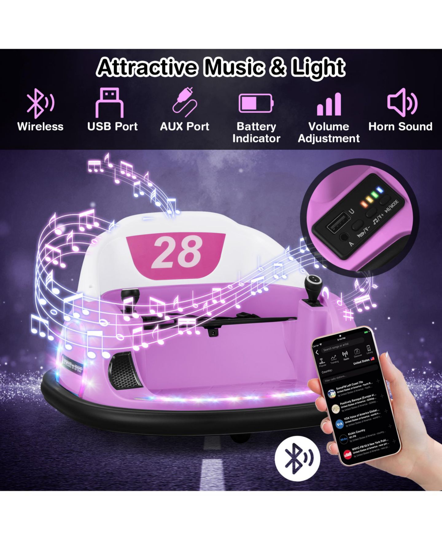 Детская игрушка Mecale 12V 360° Ride-On Bumper Car with Remote Control, 1-Seat, Ages 18 Months+, цвет: Фиолетовый — фото 4