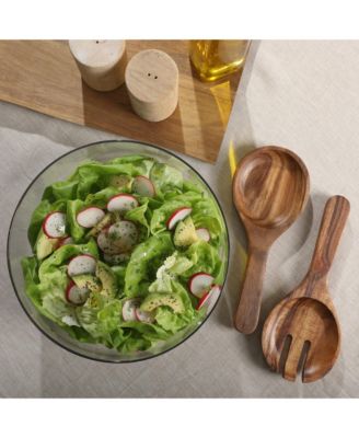 Wildgreens Large Glass Salad Bowl Set with Acacia Wood Base and Acacia Serving Utensils