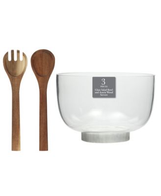 Wildgreens Large Glass Salad Bowl Set with Marble Base and Acacia Serving Utensils