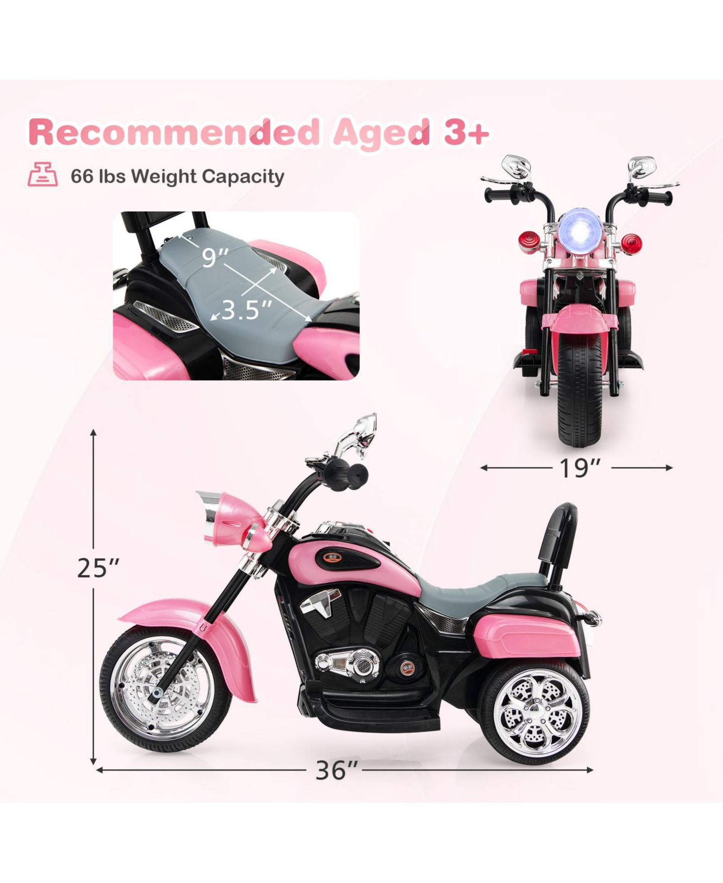 Детская игрушка Mecale 6V Powered 3-Wheel Chopper-Style Motorbike Ride-On, 36"L, Ages 3-6, цвет: Розовый — фото 3