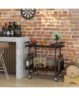 32" 2-Tier Powder-Coated Metal Lockable Wheels, Handle, Guardrails, Rust-Resistant Home Bar Cart