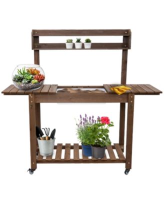 Wooden Wheeled Garden Potting Bench with Dry Sink, Storage Shelves, and Tool Hooks - Brown