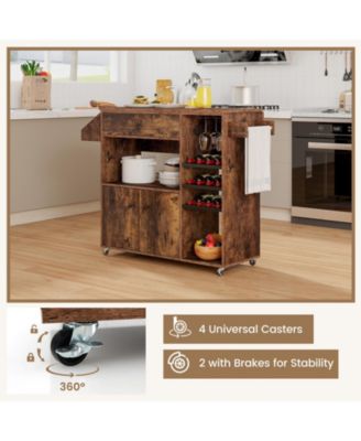 Drop Leaf Mobile Kitchen Island Cart with Power Outlet and Adjustable Shelf