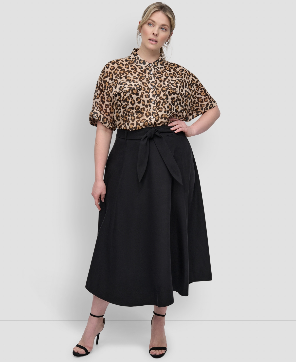 Plus Size Belted A-Line Midi Skirt - Black
