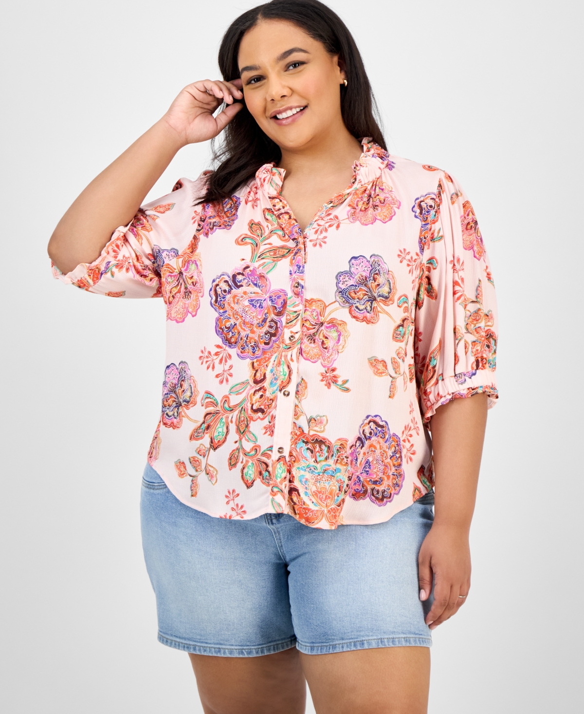Trendy Plus Size Floral-Print Ruffle-Trim Blouse - Rose Pearl