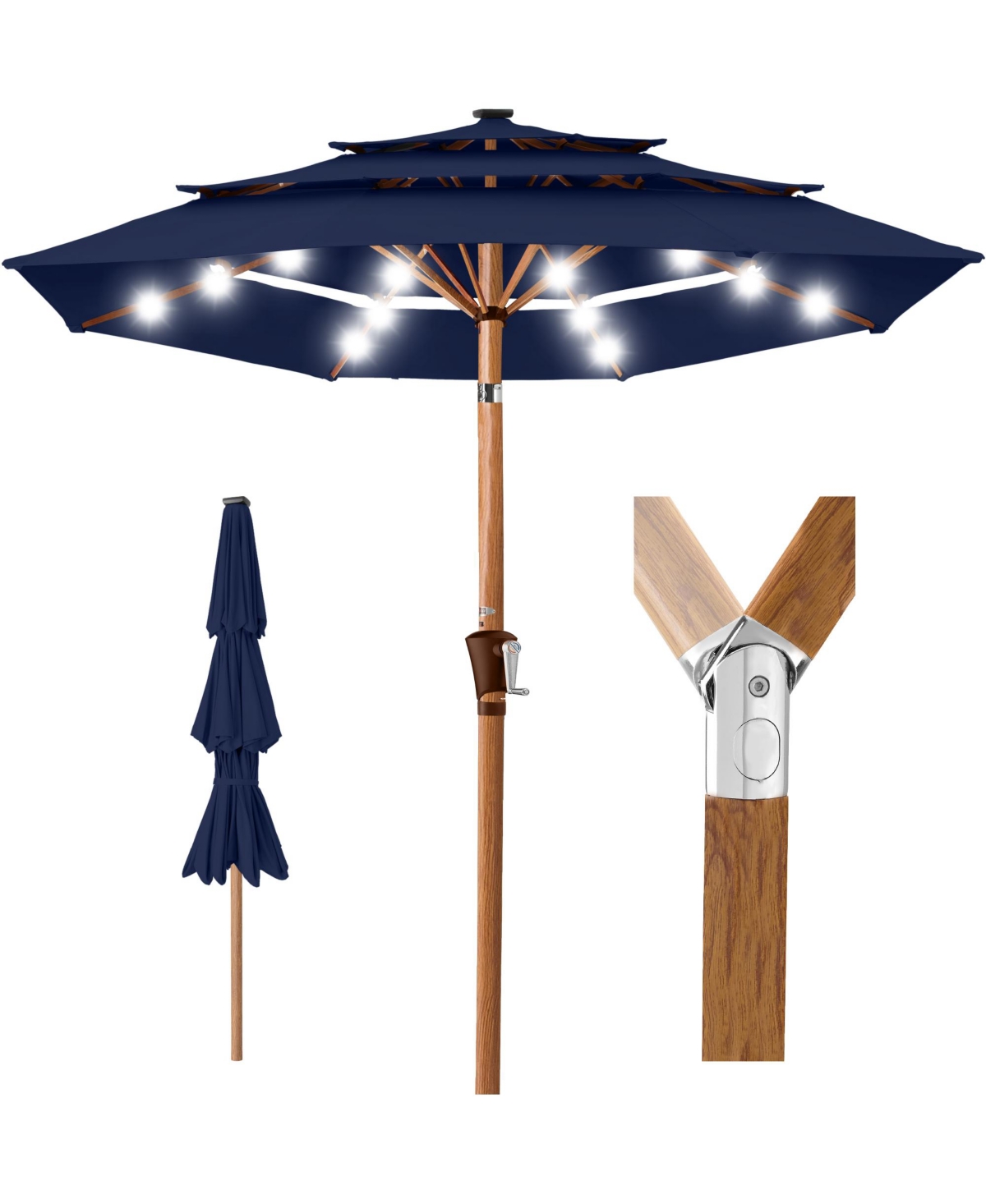 Woodgrain Pattern 10ft 3-Tier Solar Patio Umbrella w/ 24 Led Lights, Tilt - Navy blue