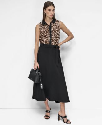Shop Dkny Womens Sleeveless Leopard Print Blouse Tie Waist Midi Skirt