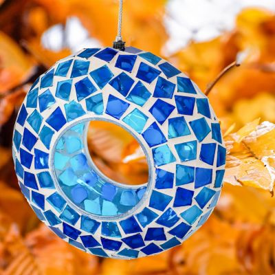 Outdoor Garden Patio Round Glass with Mosaic Design Hanging Fly-Through Bird Feeder - 6"
