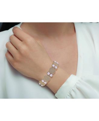 Textured Gold Tone Stretch Bracelet with Pearl Accents