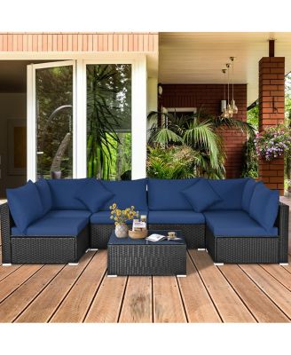 7PCS Rattan Patio Conversation Set Sectional Furniture Set w/ Navy Cushion