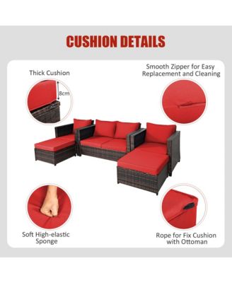 5PCS Outdoor Patio Rattan Conversation Sofa Furniture Set w/ Red Cushions