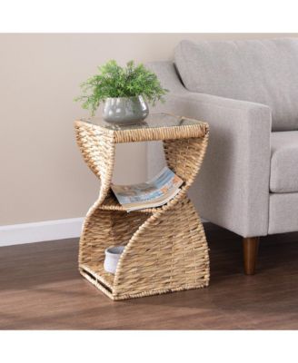 Square End Table with Rattan Swirl Design and Glass Top for Indoor Spaces