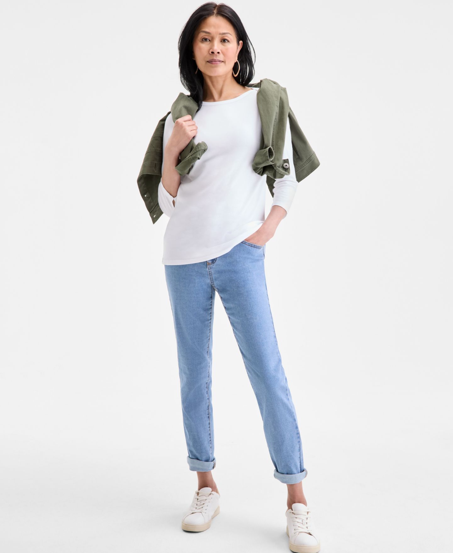 Женский топ Style & Co Petite Pima Cotton 3/4-Sleeve Boat-Neck, цвет: Яркий белый — фото 6