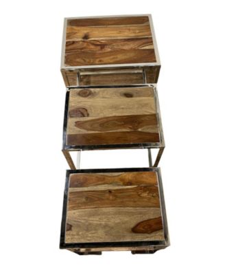 Set of Three 21" Silver And Brown Solid Wood Nested Tables