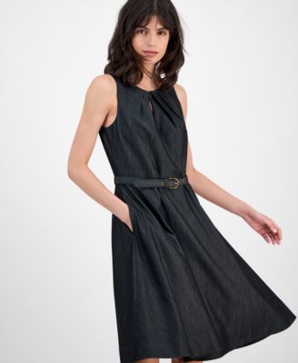 Women's Belted Soft Denim Sleeveless Fit & Flare Dress