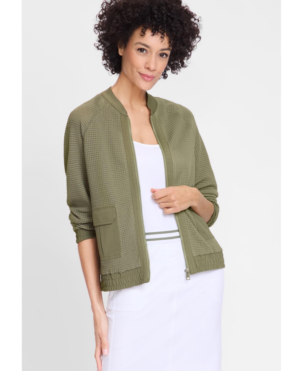 Women's Mixed Media Zip Front Bomber Jacket - Olive