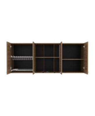 Oceana 150 Wall Cabinet with Four Doors, Two Internal Shelves, Internal Plate and Glass Organizer, Two Storage Shelves with Two Glass Doors, Natural Oak