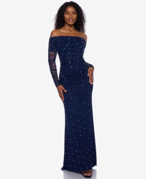 Женские платья B Darlin Juniors' Embellished Off-The-Shoulder Gown, цвет: Тёмно-синий / Жемчужный