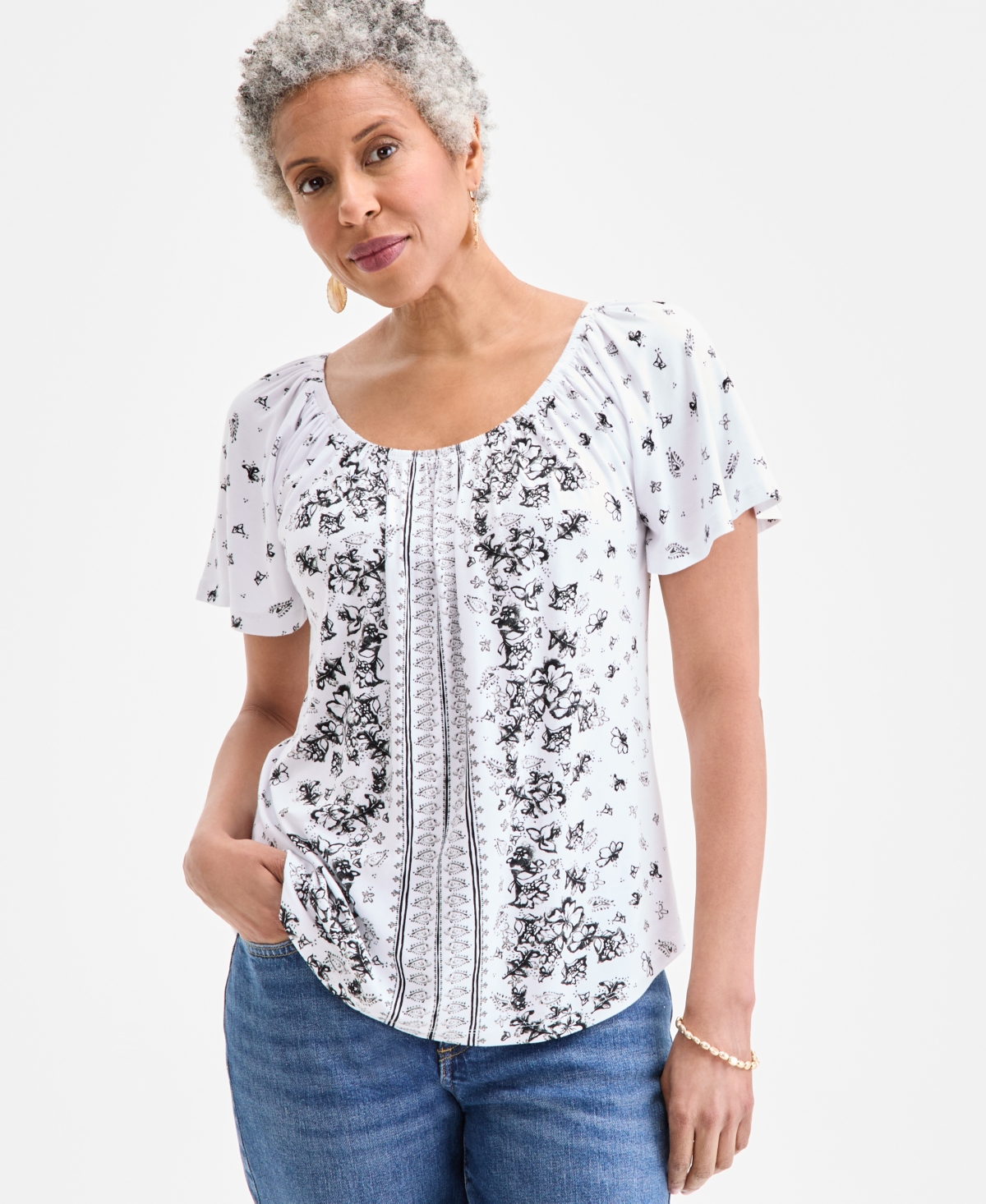 Women's Printed Scoop-Neck Top, Exclusively at Macy's - Abyss Blue Combo