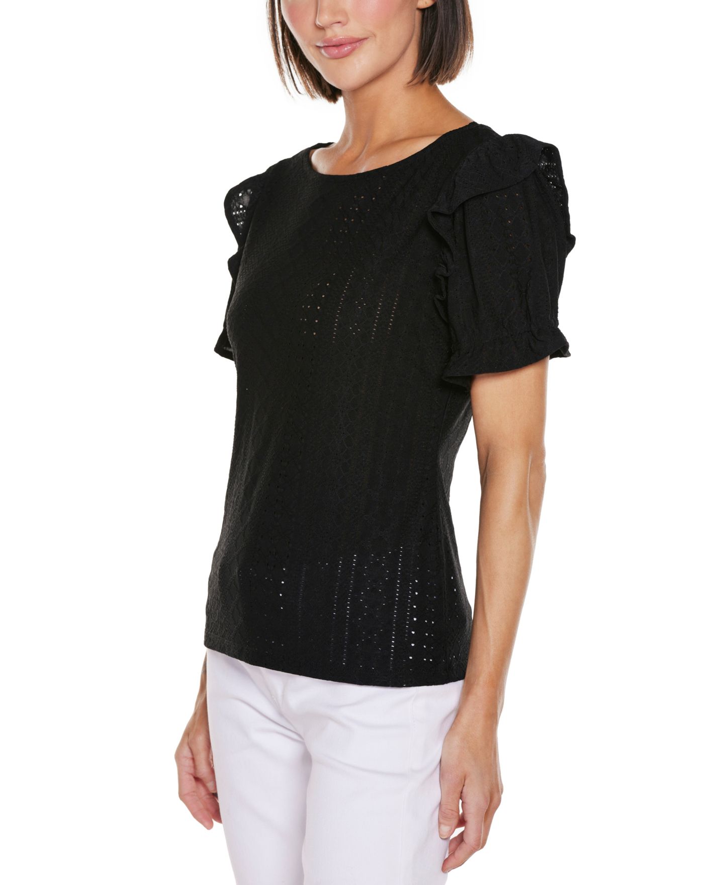 Женский топ Belldini Knit Eyelet Ruffle Sleeve, цвет: Чёрный — фото 3