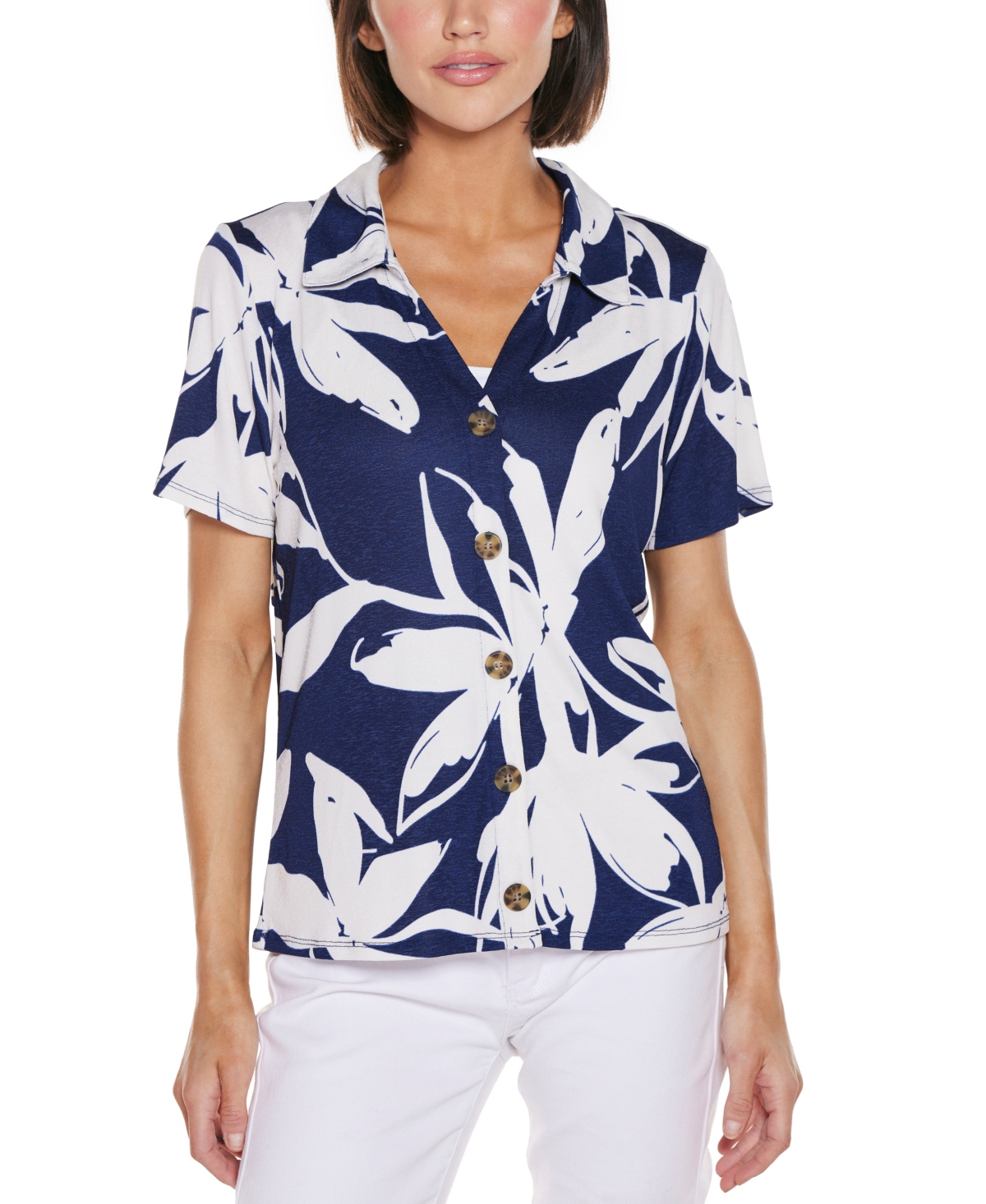 Women's Floral Button Front Knit Top - Twilight Blue Combo